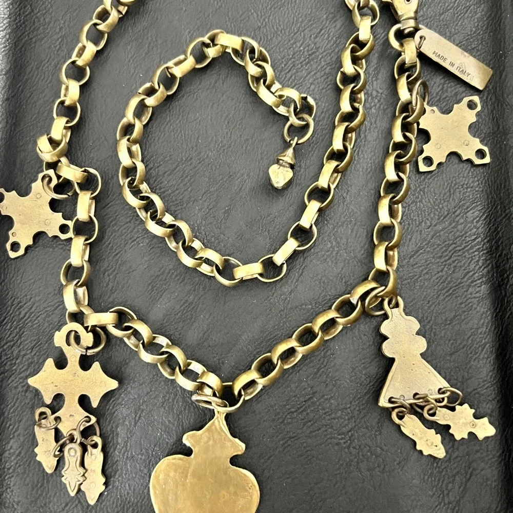 Studio In New York Brass Charm Chain Belt Made in Italy 40 Inch Whimsical Goth
